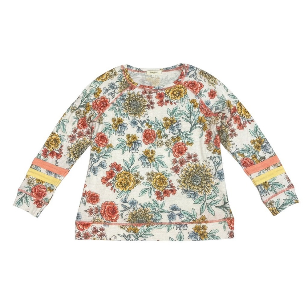 No‎ Comment Floral Pullover Top Large Multicolor Raglan Striped Cuff RX37464